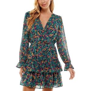 Floral V-Neck Tiered Mini Dress - Teal Floral